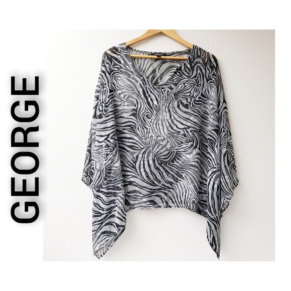 George Sheer Sequined Poncho Style Blouse Black Grays Size Large